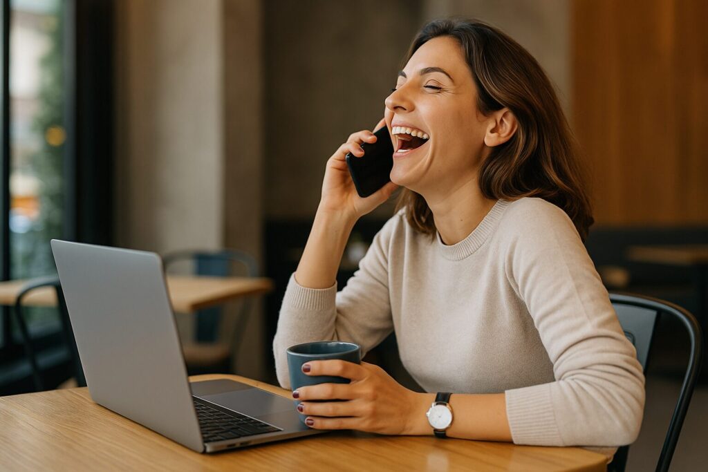 Woman laughing having a coffee with a laptop in front of her being ignored