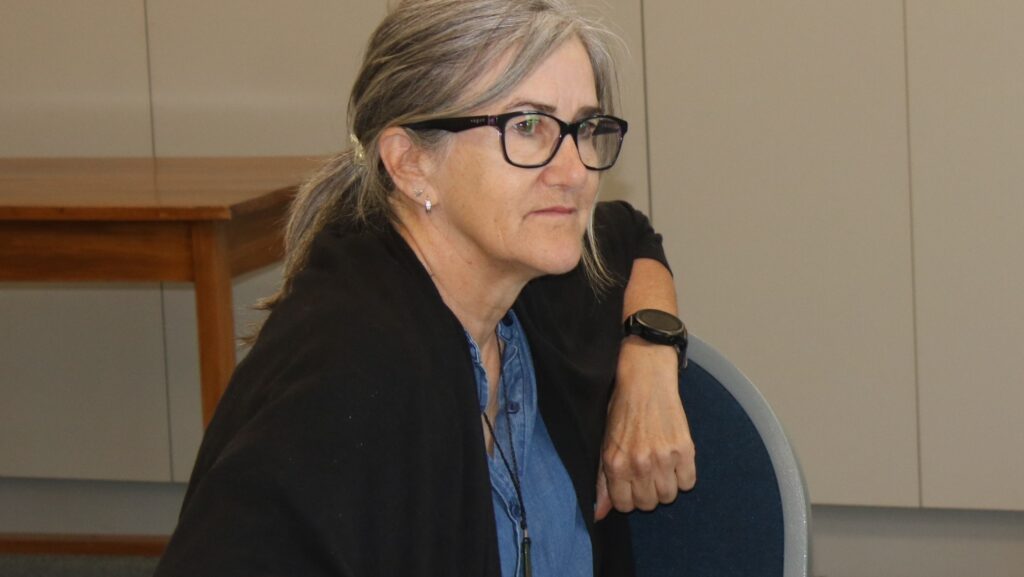 a woman sitting at a desk