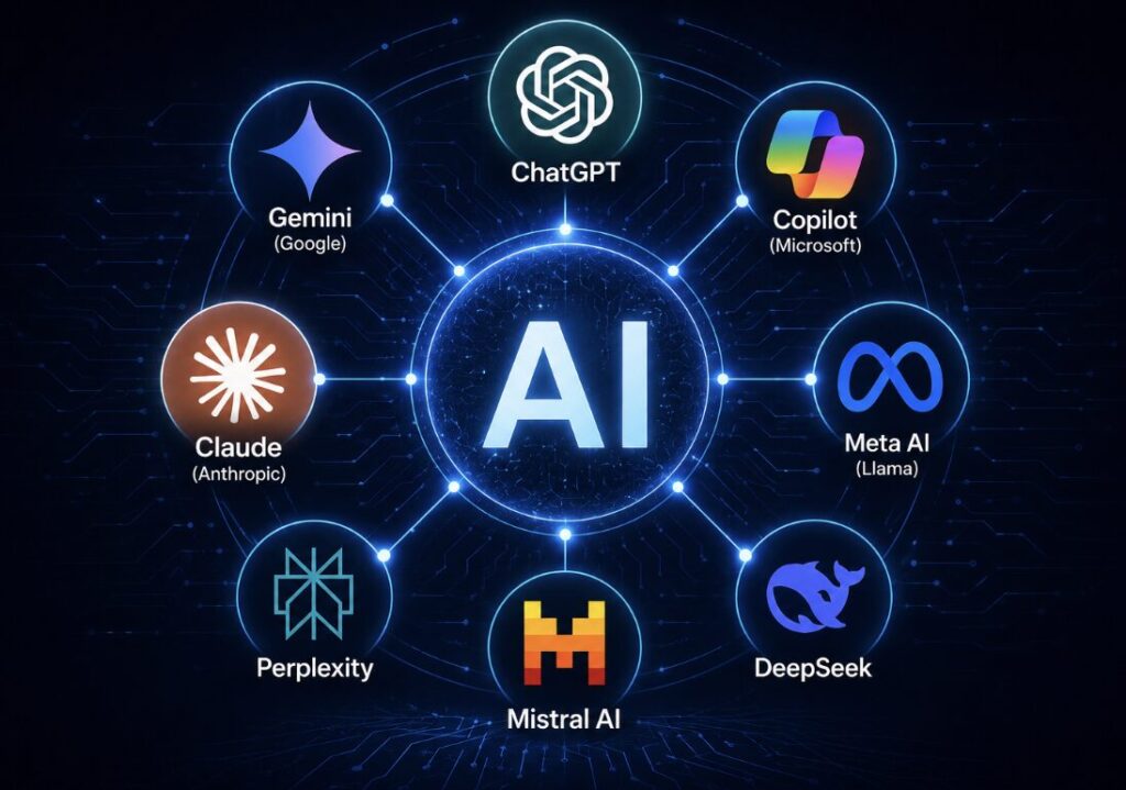 Illustration of leading AI models including ChatGPT, Gemini, Claude, Copilot, Meta AI, DeepSeek, Mistral AI and Perplexity.